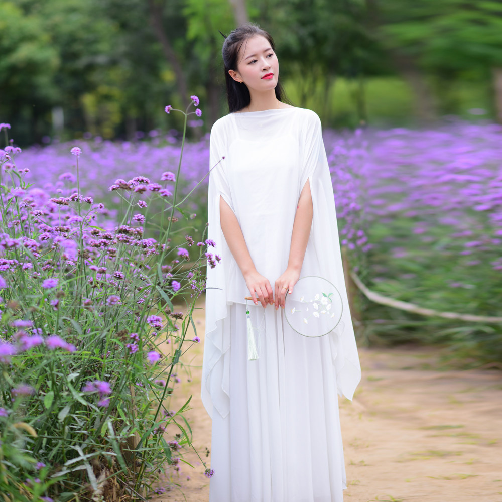 白色中式茶艺服女新款女装2021新品禅意连衣裙夏仙气雪纺禅服女夏