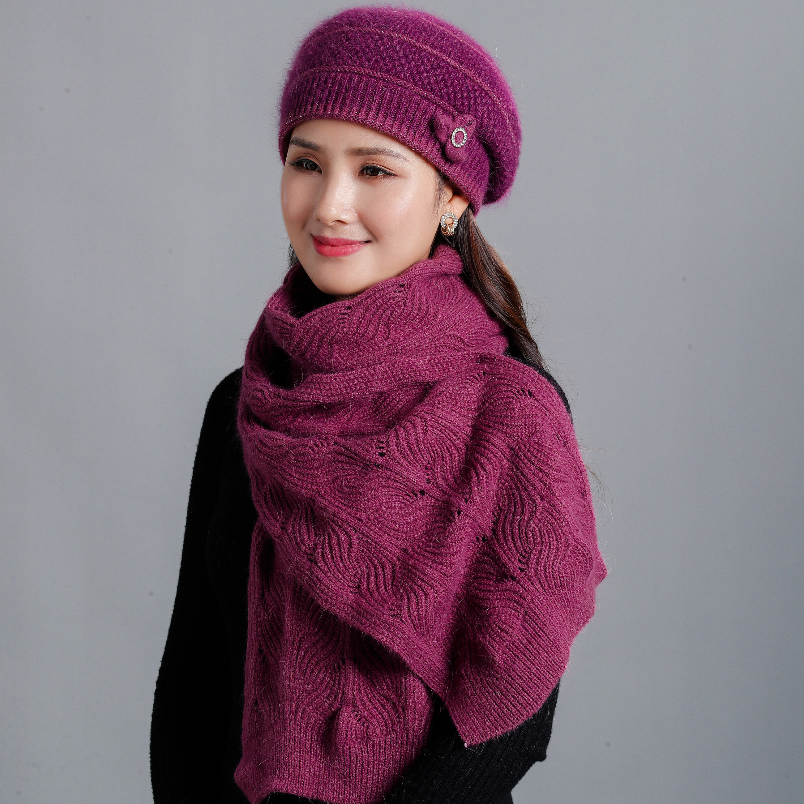 恒源祥中老年帽子女秋冬季兔毛帽子保暖护耳针织冬季兔毛帽子围巾