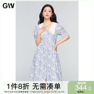 GW大码女装清爽气质法式高腰碎花连衣裙2024夏季新款微胖mm长裙女