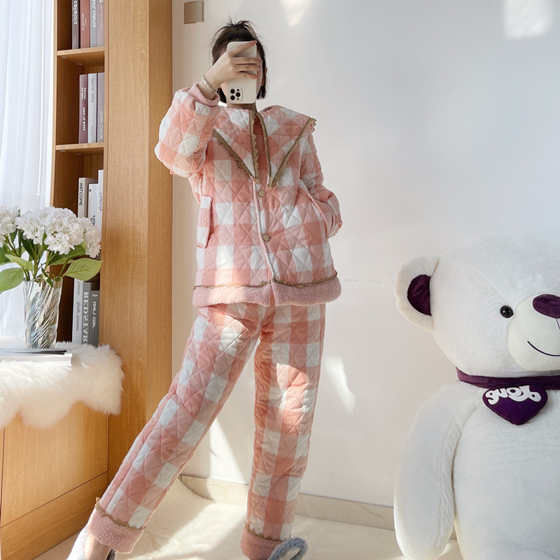 冬季三层夹棉加厚女睡衣纯棉格纹甜美减龄加绒开衫保暖外穿家居服