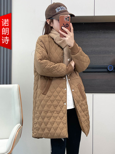 美拉德穿搭高级菱格中长款棉服胖mm大码女装棒球服领保暖夹棉外套