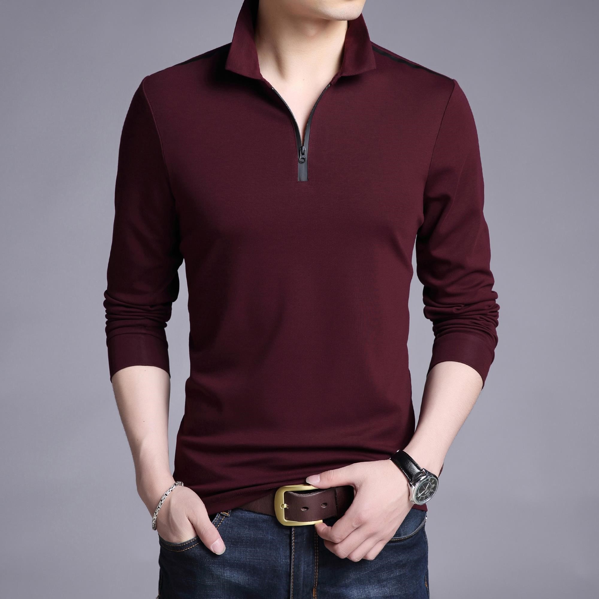 特价男长袖t恤翻领丝光棉 秋衣男_男士长袖t恤2019春季新款衬衫领带