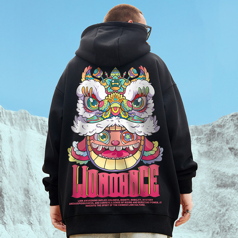 国潮中国风醒狮连帽ins大码潮牌oversize外套春秋季加绒卫衣男潮