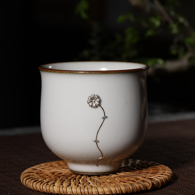 观复博物馆旗舰店纯手工主人杯单杯景德镇茶杯陶瓷可养品茗杯纯银