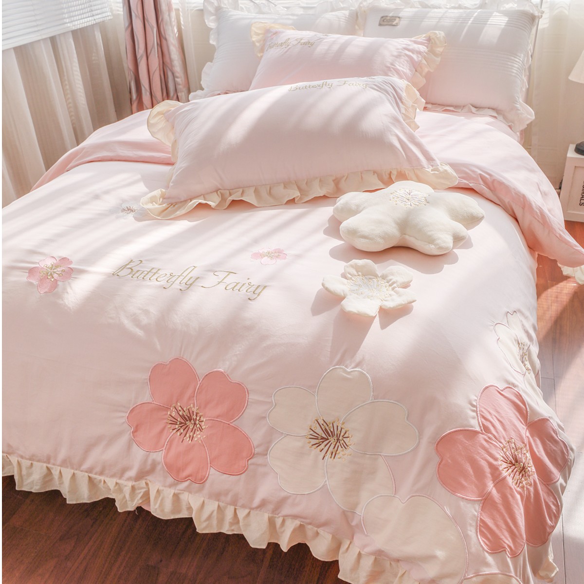 色织水洗棉床上四件套全棉纯棉卡通贴布绣床单被套格子三件网红风