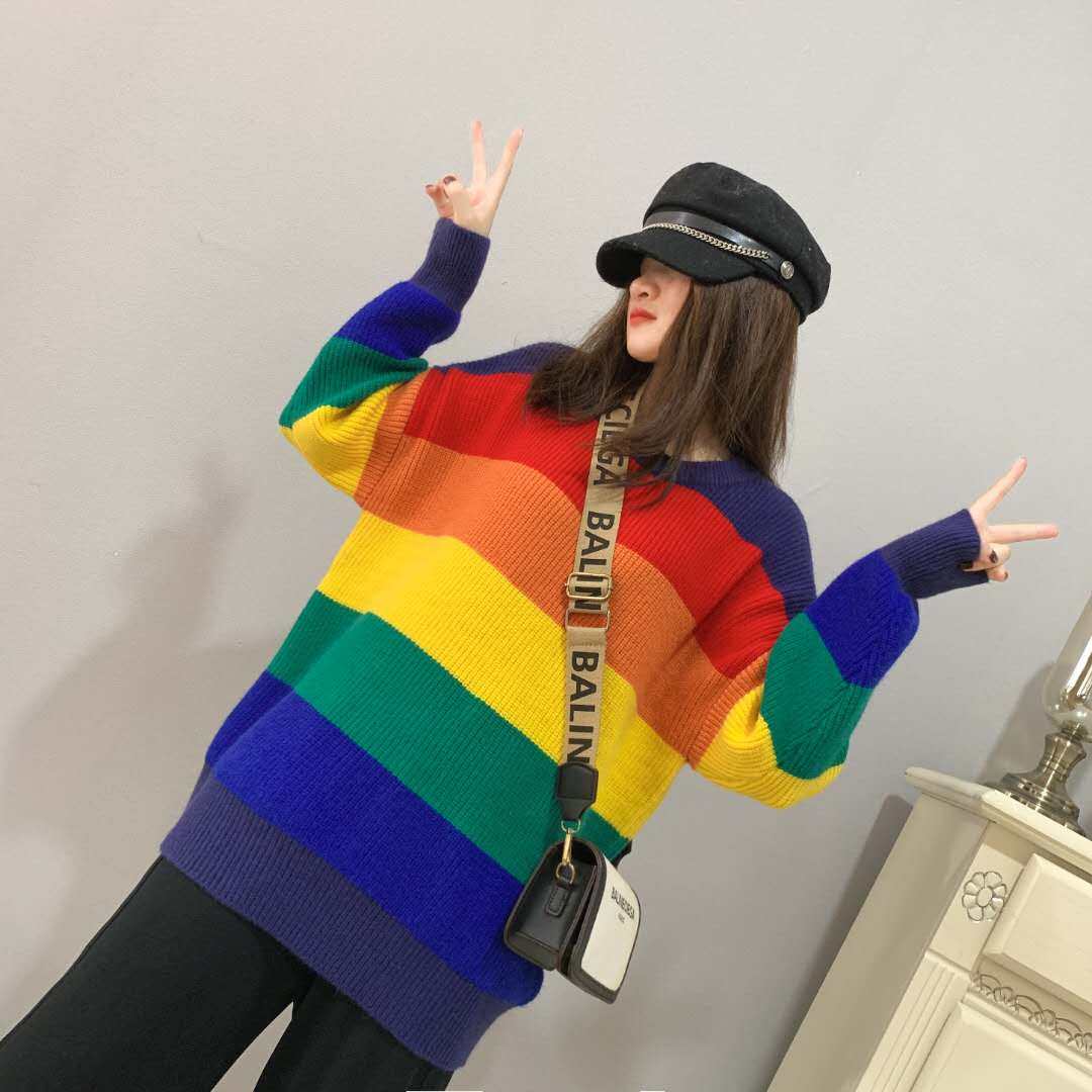 彩虹毛衣宽松百搭洋气外穿2020秋冬新款条纹加厚网红针织衫外套女