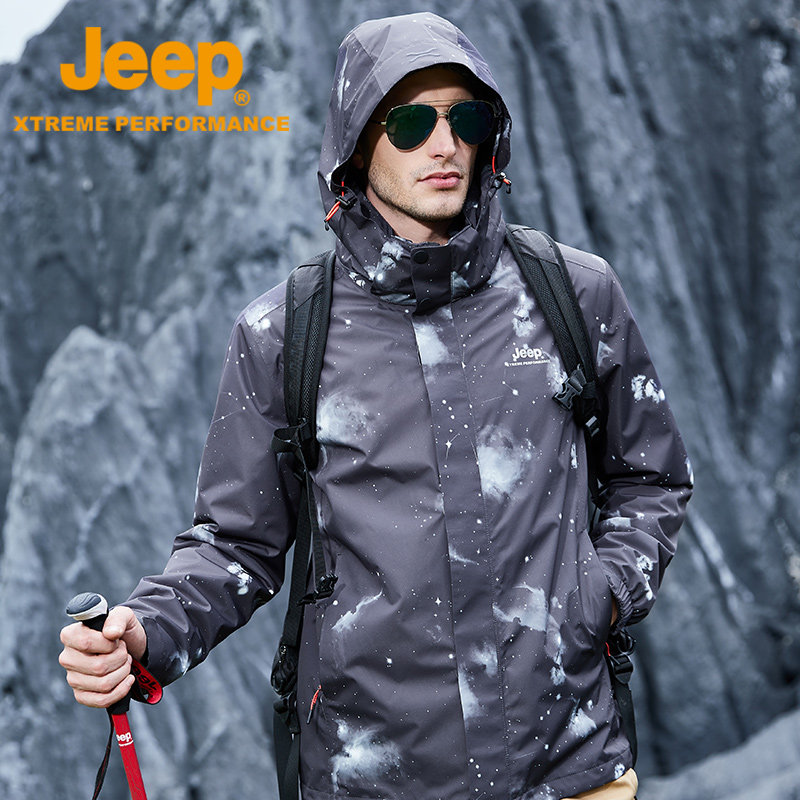 jeep厚冲锋衣男户外服装潮牌外套迷彩服名牌联名初中生韩国中长款