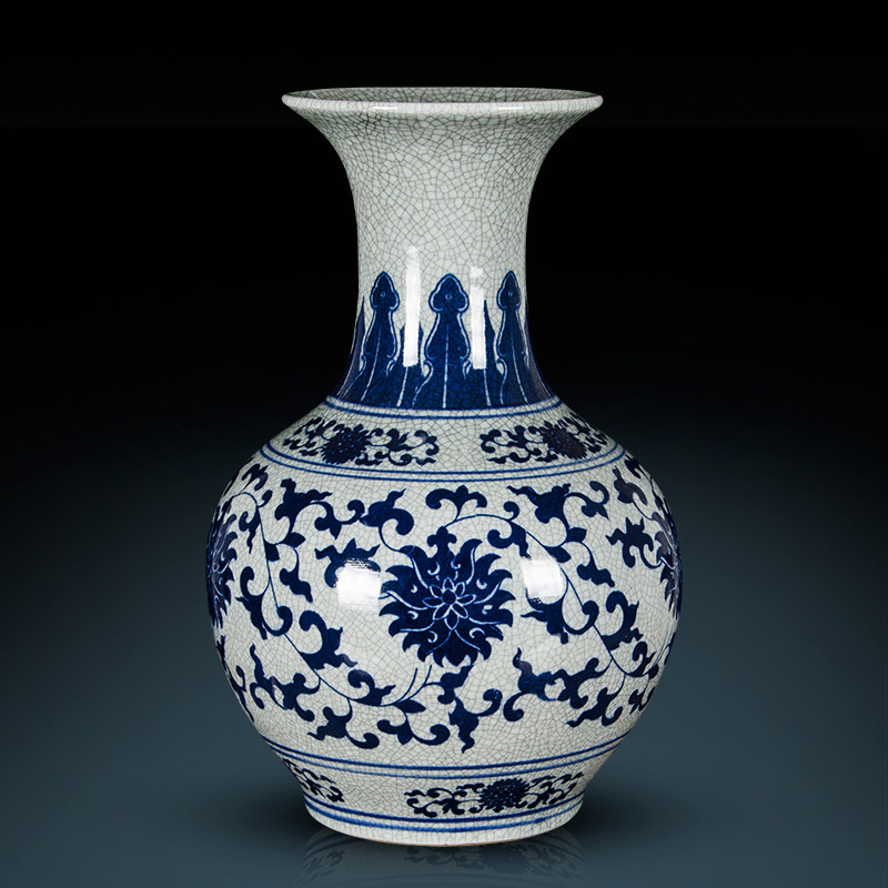 z044景德镇陶瓷器花瓶仿古中式开片青花瓷古典家居客厅摆件大号