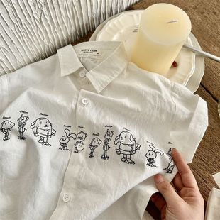 儿童衬衫夏新款韩版卡通印花白色衬衣男女宝宝夏装洋气短袖上衣潮