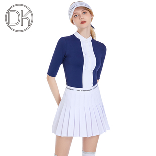 新款高尔夫套装女春夏五分袖运动T恤白色修身速干防走光百褶裙子