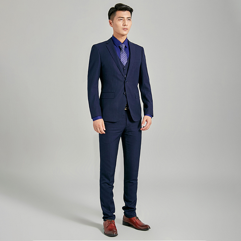 青年时尚伴郎礼服蓝色条纹男士修身商务面试两件套西服套装企业购