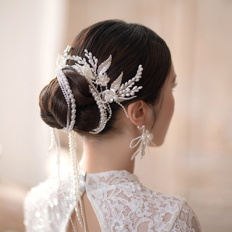 韩式新款珍珠手工串珠新娘发带时尚造型影楼跟妆气质婚礼头饰以蕊