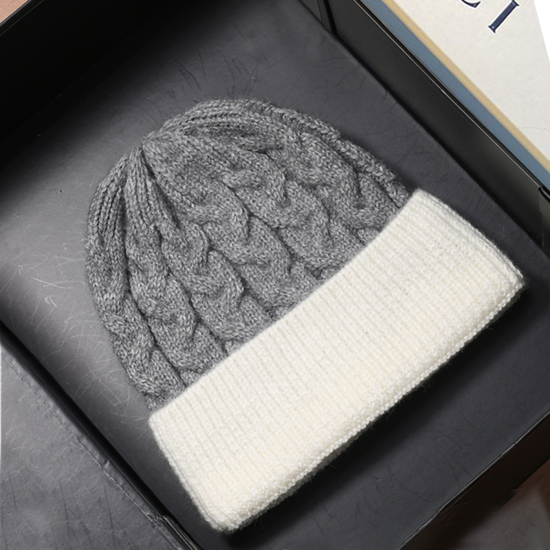 女士帽子2023新款冬天拼色毛线帽儿童女宝羊毛护耳冬季灰色针织帽