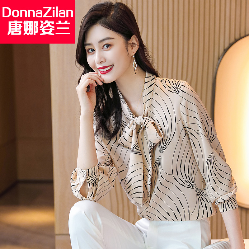 仿真丝长袖衬衫女设计感小众2022年春装高端蝴蝶结雪纺花衬衣涤纶