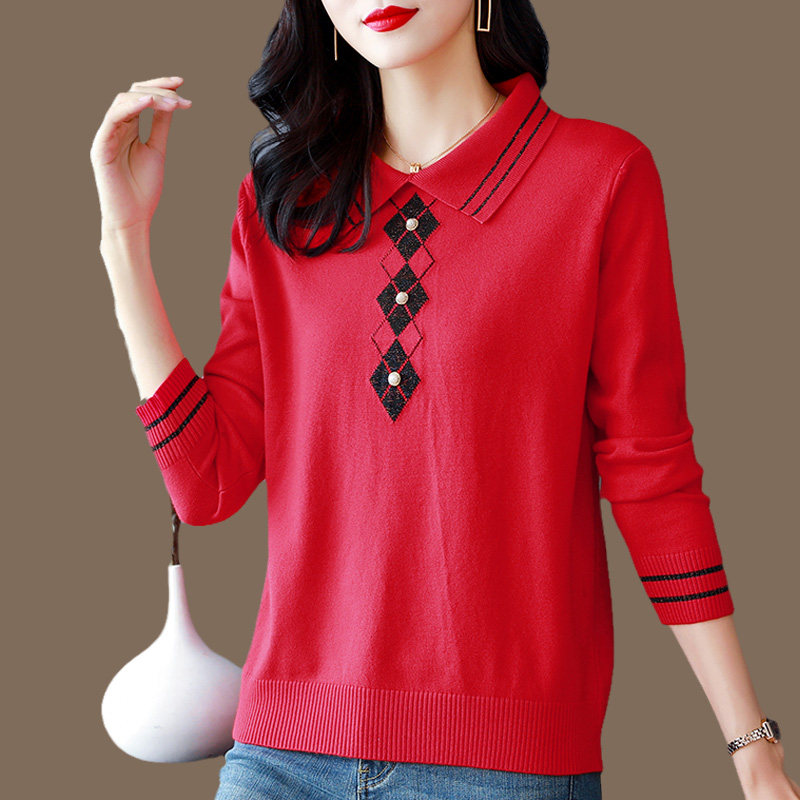 女士红色毛衣内搭外穿妈妈时尚翻领气质中年羊毛衫带领打底衫上衣