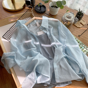 日系薄纱浅蓝色雪纺防晒衬衫+吊带两件套女法式夏季宽松温柔衬衣
