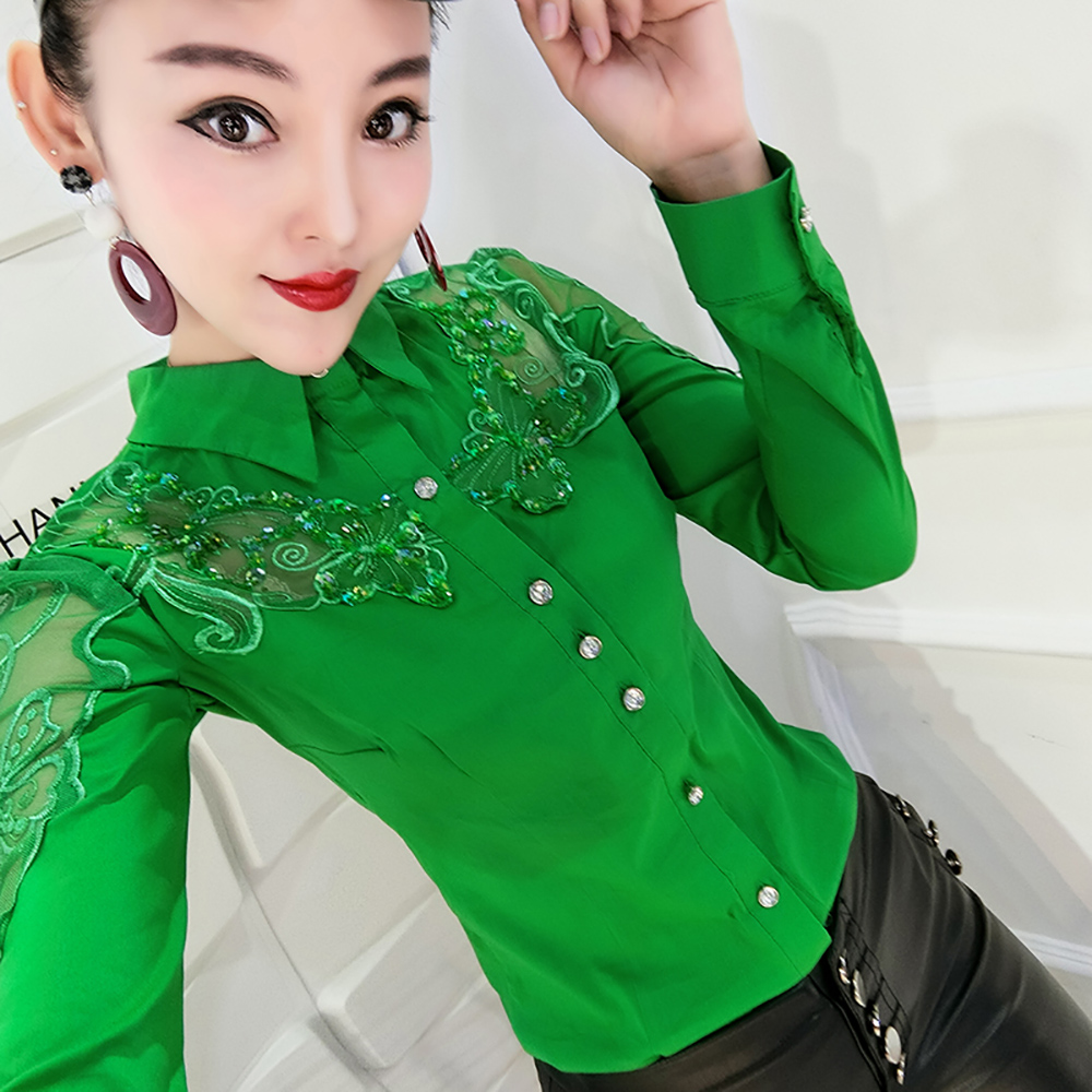 长袖衬衫女秋季2019新款时尚花边镂空百搭上衣重工钉珠修身打底衫在类目 女装/女士精品, 衬衫中 - 来自Buy2taobao.com提供专业的淘宝代购服务