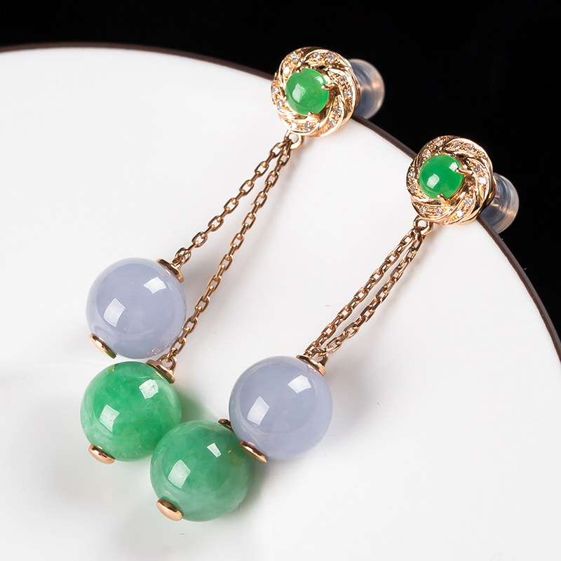 18k金镶嵌缅甸天然a货翡翠紫加绿圆珠耳钉 7.34g