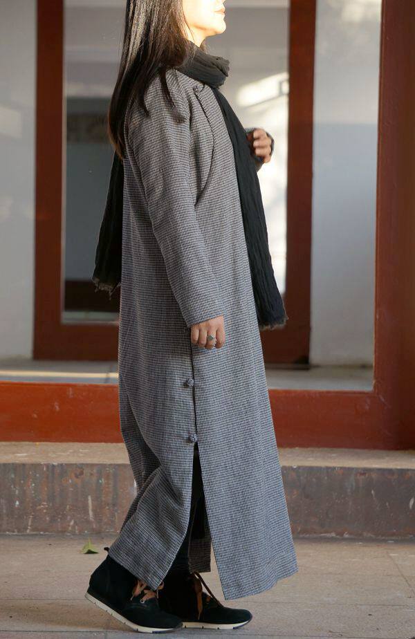 茶禅一味【柜中缘】原创轻中式厚实针织羊毛长袍蓝色灰色双面穿