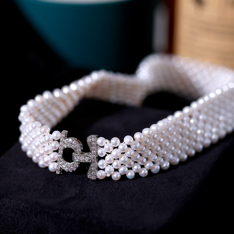 淡水珍珠项链复古法式珍珠串链花式编织多层颈链赫本风时尚高级感