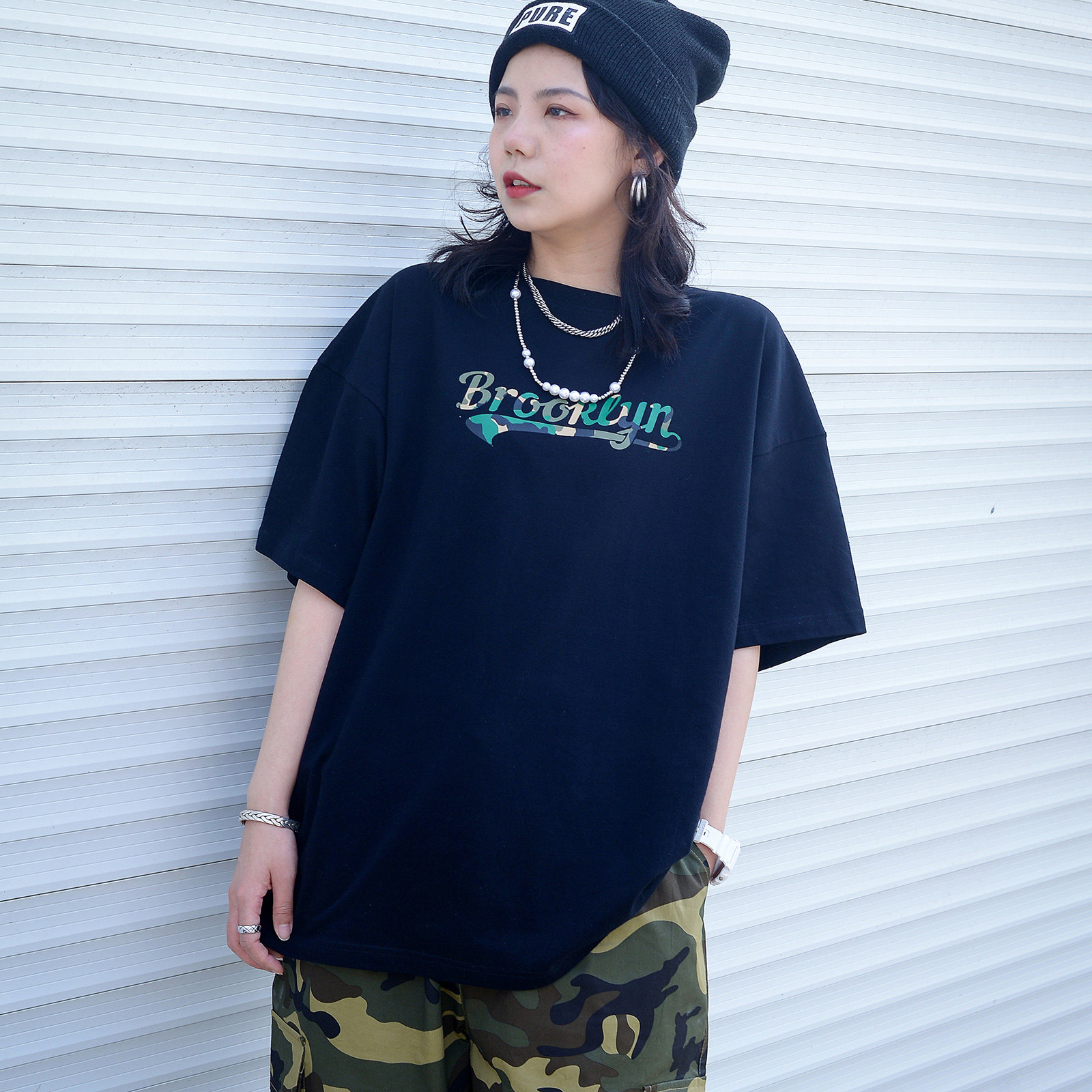 cbx原创黑色迷彩风夏季短袖女嘻哈帅气街舞宽松休闲运动棉潮牌t袖