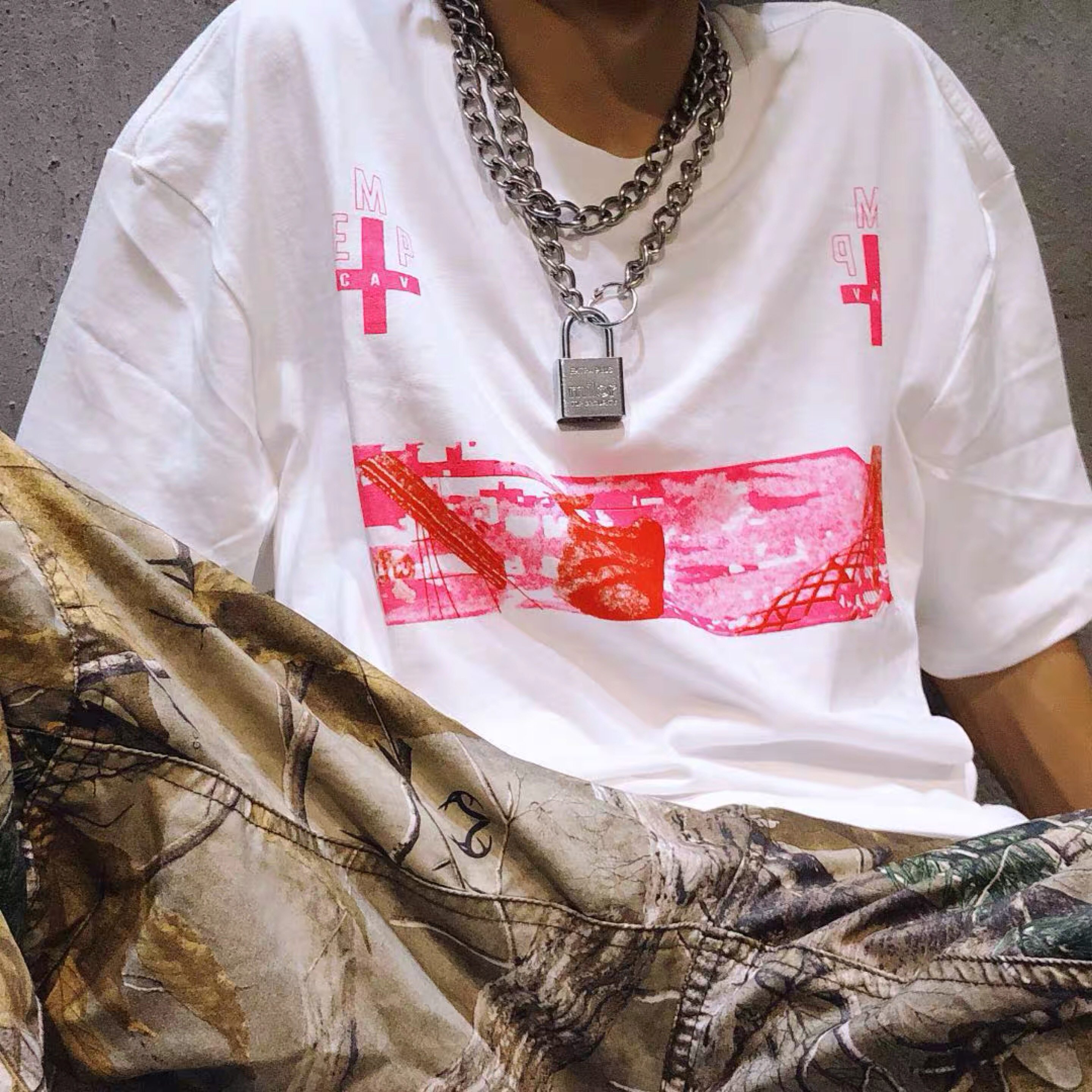 cavempt粉色十字架印花短袖情侣日系复古潮ce男女宽松t桖cav empt