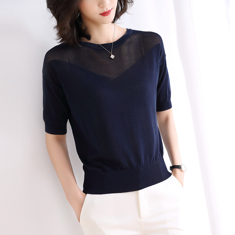 冰丝针织t恤女短袖上衣薄款夏季圆领镂空遮肚子短款打底衫女套头