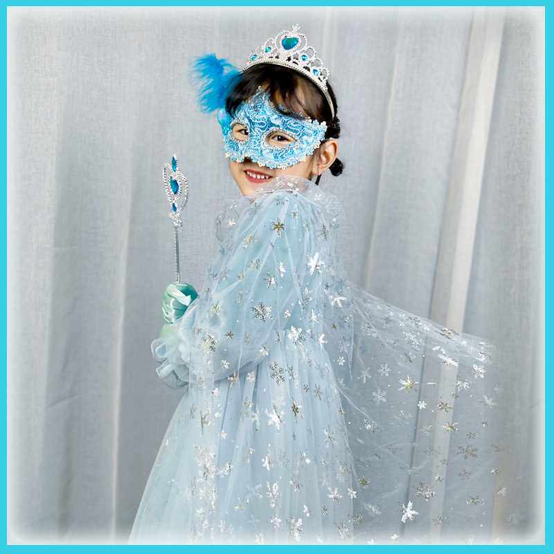 蓝色冰雪奇缘爱莎公主儿童面具女孩童半脸可爱六一节日羽毛皇冠套