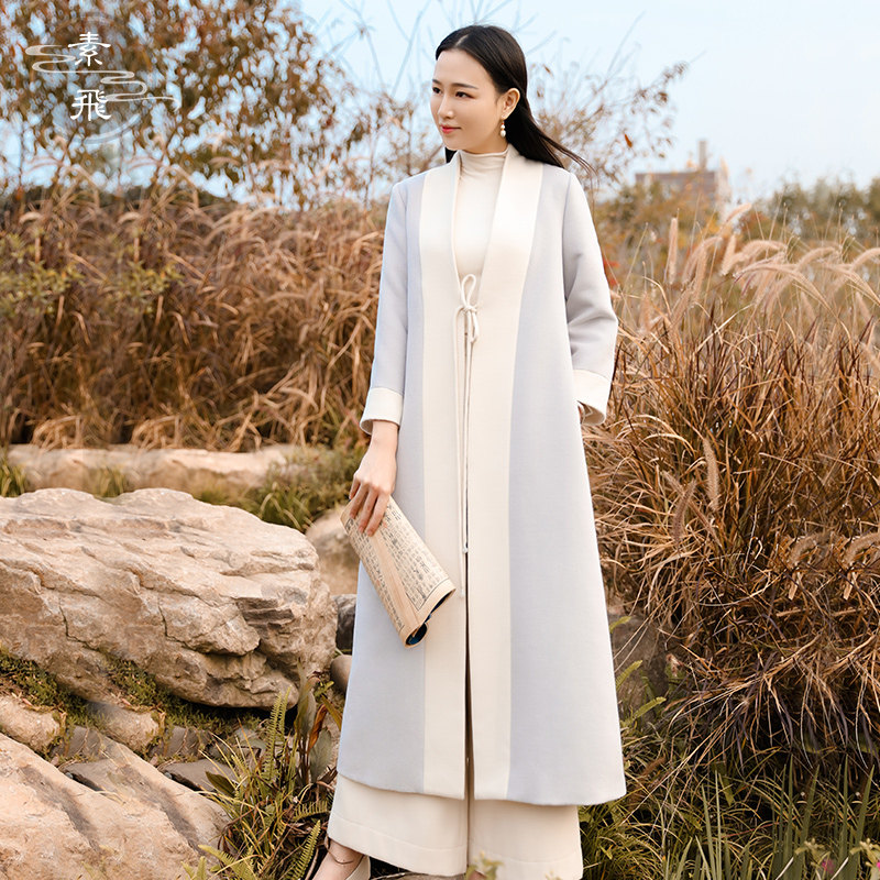 素飞冬季新品中式改良禅意汉服外套复古系带撞色毛呢中国风女大衣