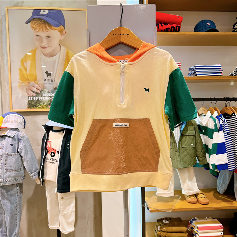 bluedog大蓝狗韩国童装代购2022春男女童拼色连帽短袖卫衣t恤5332