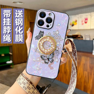 适用iphone15promax手机壳女新款带挂绳高级感苹果14pm手机套网红奢华13外壳防摔12保护壳11带支架挂脖子plus