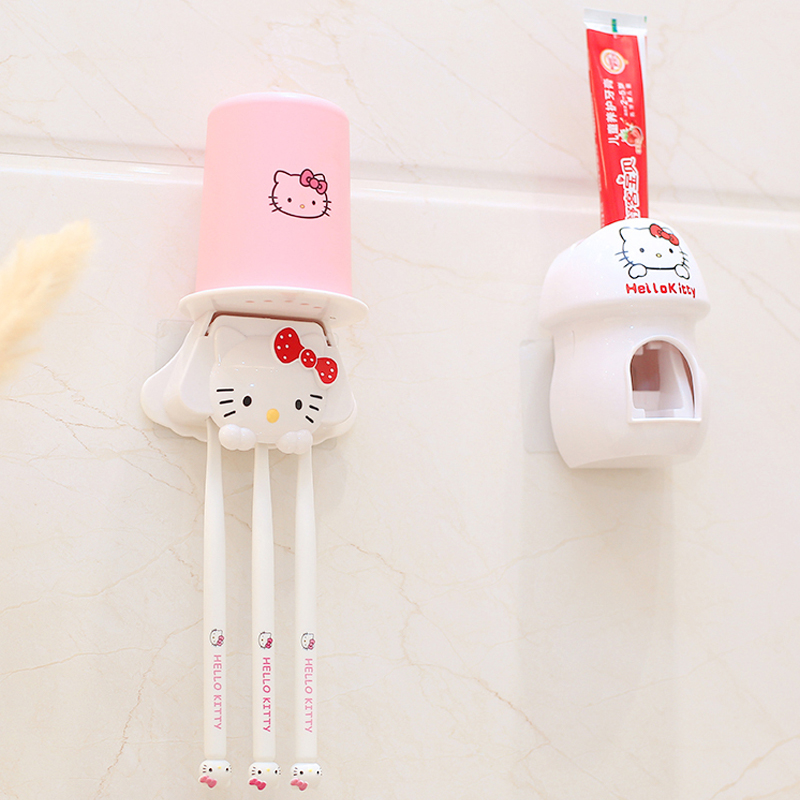 Kitty牙刷置物架刷牙杯洗漱口杯套装免打孔卡通可爱自动挤牙膏器