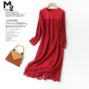 M2女装品牌折扣法式连衣裙女蕾丝镂空洋气红色宽松大码打底中长款