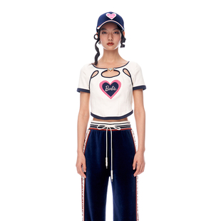 LE FAME/拉飞姆2023年春季新款美式辣妹镂空芭比爱心修身针织T恤