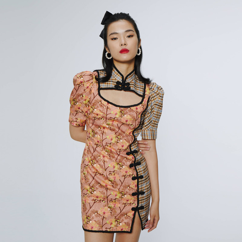 lefame拉飞姆2020年春秋季新款时尚立领旗袍风格纹连衣裙