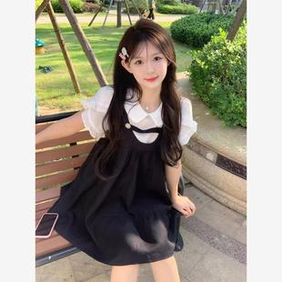 小个子风学院背带假两件夏季新款宽松娃娃甜美衬衫可爱黑色连衣裙