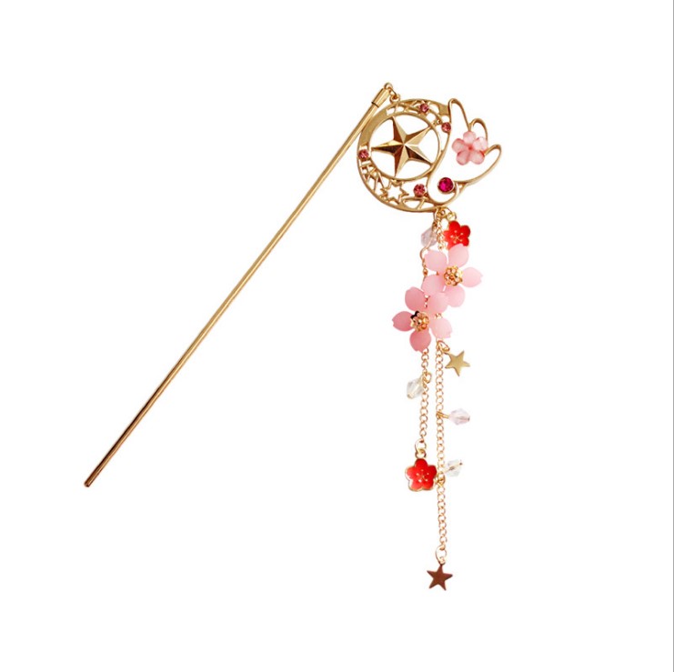 mumu良品日系魔卡少女小樱樱花星星水晶宝石鸟头链条发簪动漫周边