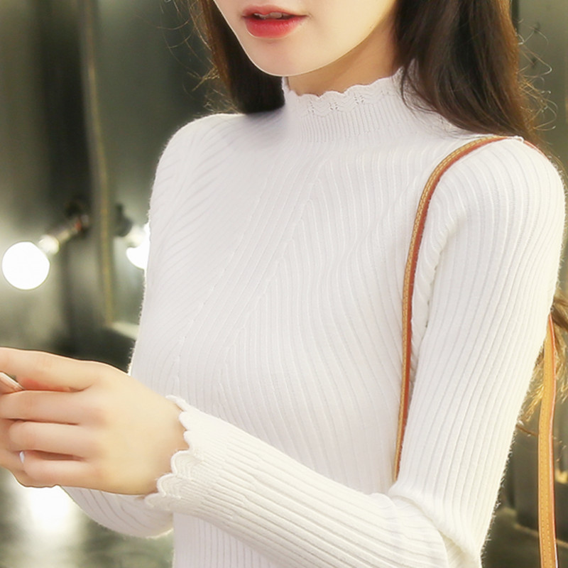秋鼕新款半高領白色毛衣女套頭短款修身打底衫韓版長袖針織衫加厚