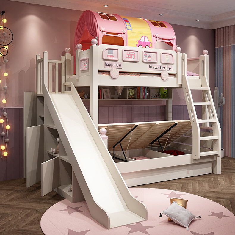 全实木滑梯床女两层儿童上下床上下铺木床双层床高低床子母汽车床