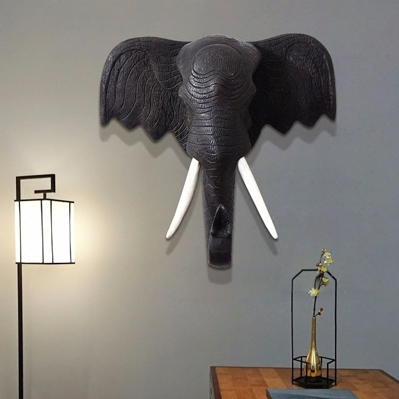 泰国大象立体壁饰轻奢墙上挂饰创意东南亚实木象头背景墙装饰挂件
