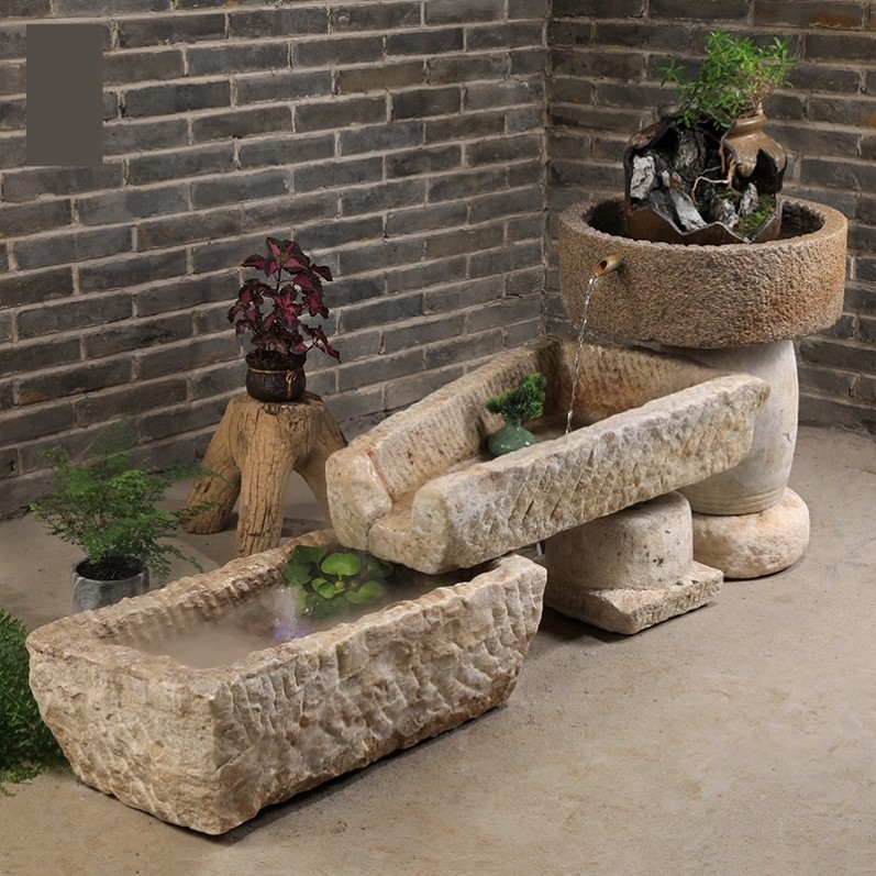 石槽鱼缸户外种花阳台室内老旧石槽庭院造景流水景观养鱼猪槽牛槽