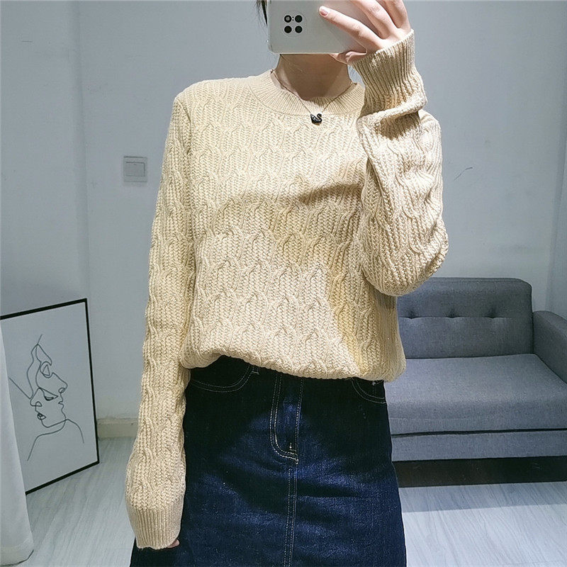 圣仕莲3326羊毛圆领套头衫复古麻花金丝线针织衫打底上衣毛衣