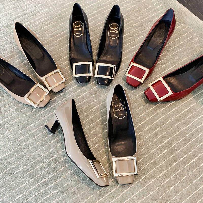2021春季新款网红同款rv漆皮方扣单鞋粗跟中跟方头浅口女鞋通勤