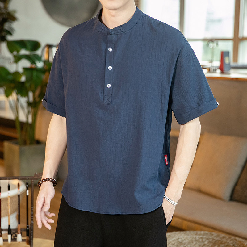 夏季亚麻短袖t恤男中国风潮牌男装衣服潮流百搭棉麻半袖冰感体恤