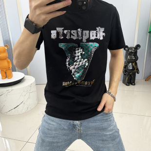 短袖t恤男欧洲站大码欧美潮牌战马亮片丝光棉上衣打底体恤t shirt