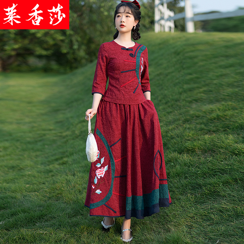 民族风大码棉麻茶服套装女夏绣花五分