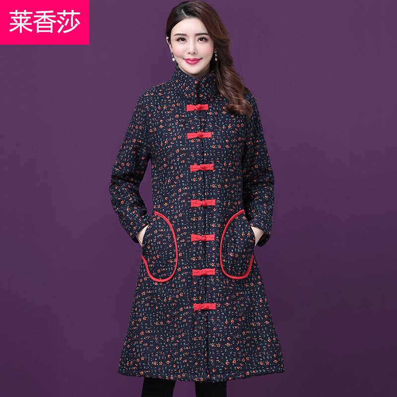 中式唐装棉袄女秋冬棉麻加绒加厚外套中国风复古印花中长款棉衣女
