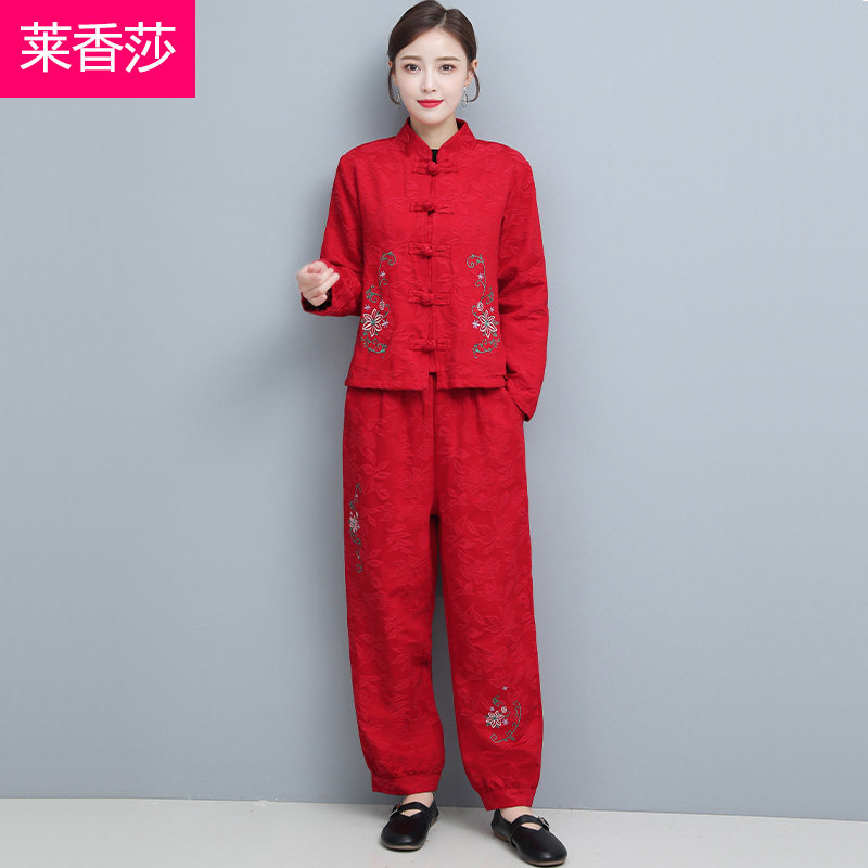 中式唐装上衣套装女复古茶服民族风盘扣长袖短款外套棉麻两件套女