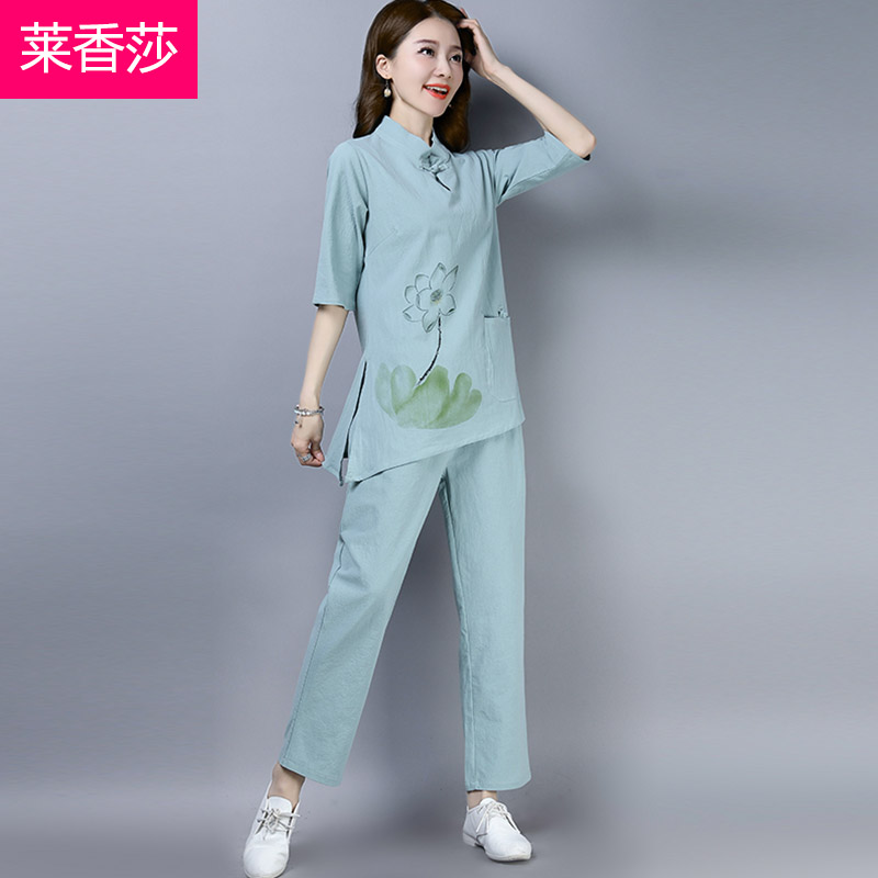 中式唐装套装复古棉麻茶服禅修服居士