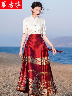 夏季汉服女新中式国风搭配红色织金马面裙的上衣套装成人日常可穿